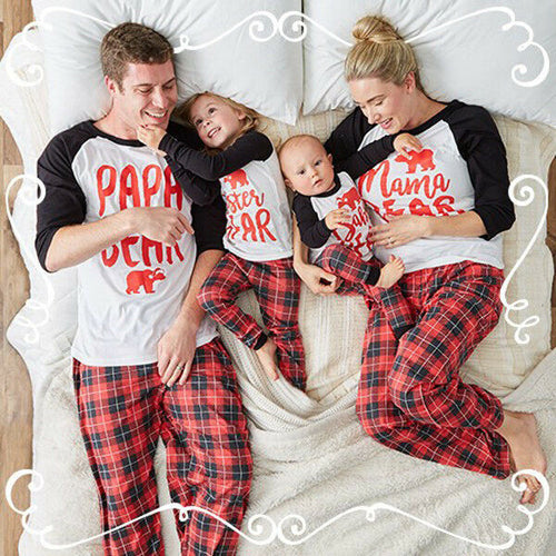 Family Matching Winter Warm Christmas Pajamas Set Bear Printing Tops Striped Pants Bottom Women Baby Kids Sleepwear Nightwear