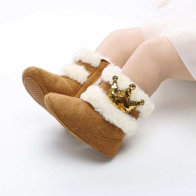 Newborn Infant Baby Girls Winter Warm Crown Fur Mid-Calf Length Slip-On Furry Boots 0-18M New