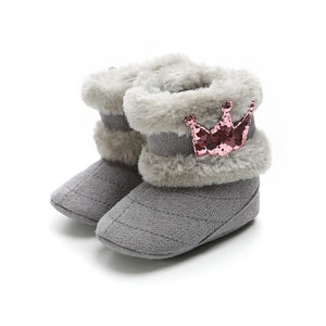 Newborn Infant Baby Girls Winter Warm Crown Fur Mid-Calf Length Slip-On Furry Boots 0-18M New