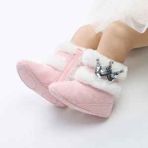 Newborn Infant Baby Girls Winter Warm Crown Fur Mid-Calf Length Slip-On Furry Boots 0-18M New