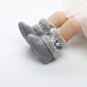 Newborn Infant Baby Girls Winter Warm Crown Fur Mid-Calf Length Slip-On Furry Boots 0-18M New