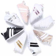 Load image into Gallery viewer, Baby Shoes Pu Leather Shoes Sports Sneakers Newborn Baby Boys Girls Stripe Pattern Shoes Infant Toddler Soft Anti-slip Shoes