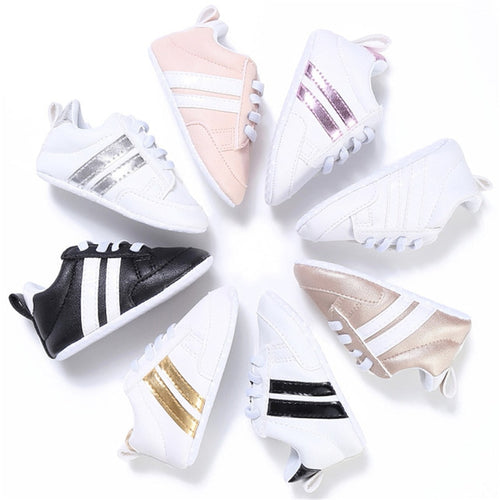 Baby Shoes Pu Leather Shoes Sports Sneakers Newborn Baby Boys Girls Stripe Pattern Shoes Infant Toddler Soft Anti-slip Shoes