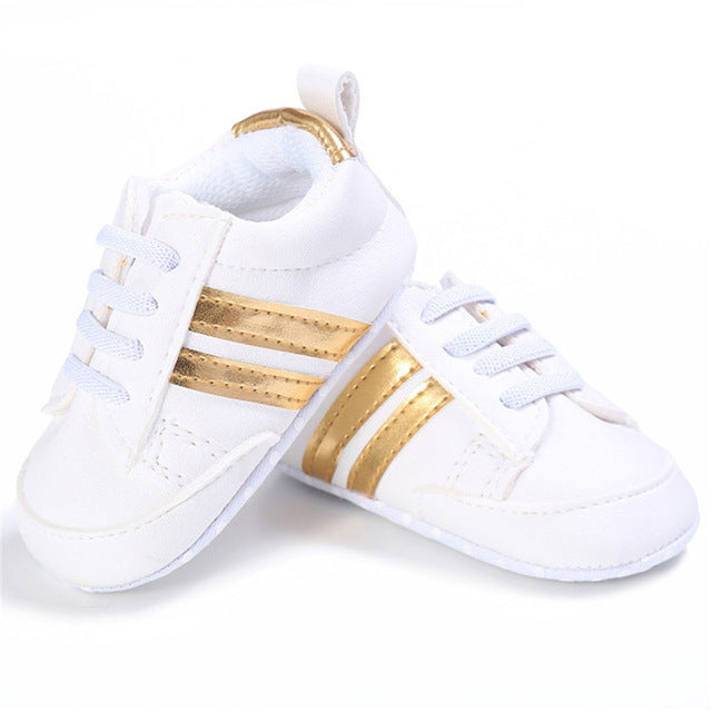 Baby Shoes Pu Leather Shoes Sports Sneakers Newborn Baby Boys Girls Stripe Pattern Shoes Infant Toddler Soft Anti-slip Shoes