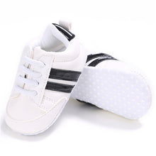 Load image into Gallery viewer, Baby Shoes Pu Leather Shoes Sports Sneakers Newborn Baby Boys Girls Stripe Pattern Shoes Infant Toddler Soft Anti-slip Shoes