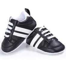 Load image into Gallery viewer, Baby Shoes Pu Leather Shoes Sports Sneakers Newborn Baby Boys Girls Stripe Pattern Shoes Infant Toddler Soft Anti-slip Shoes